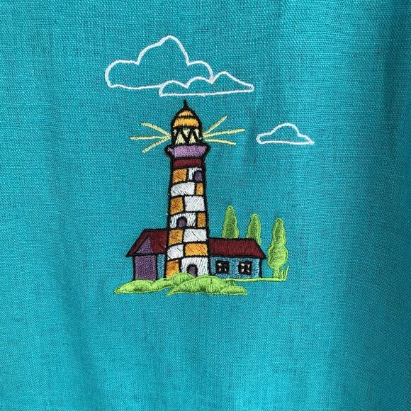Vintage Dress Linen Embroidered 12 14 XL Lighthouses Nautical Marine Blue Teal - Picture 10 of 16